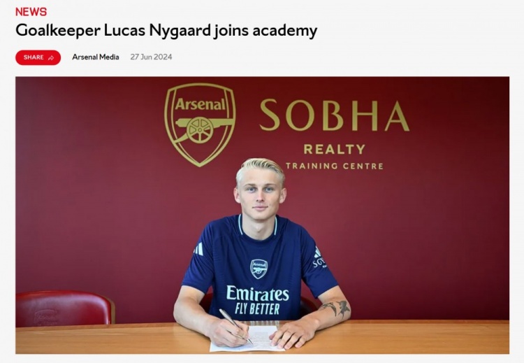 官方：阿森纳签下18岁丹麦门将尼加德，球员将加入青训学院